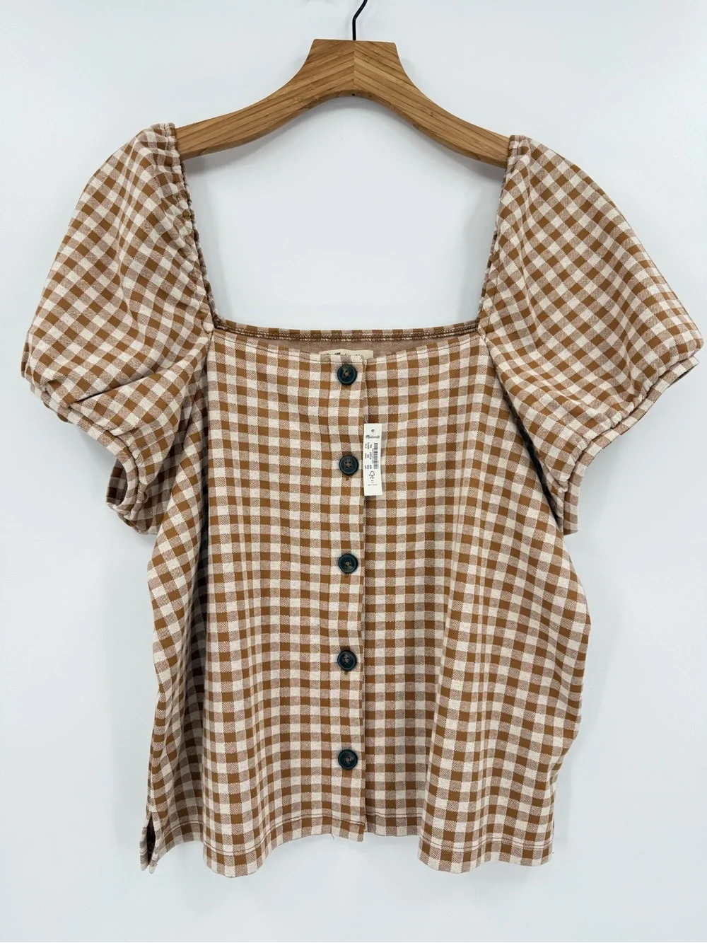 Madewell Gingham Jacquard Square-Neck Puff-Sleeve Top in Saddle Brown Size XXL